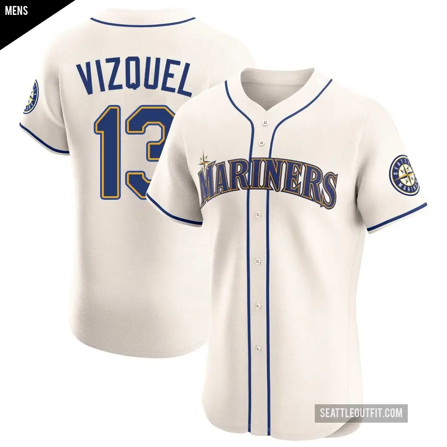 Men's Seattle Mariners ＃13 Omar Vizquel Elite Cream Alternate Jersey