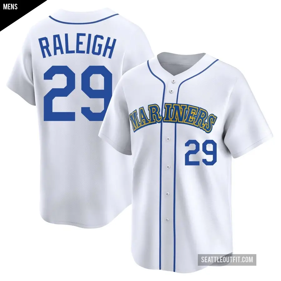 Men's Seattle Mariners ＃29 Cal Raleigh Limited White Throwback Cooperstown Collection Jersey