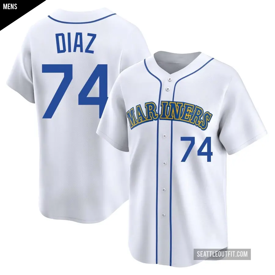 Men's Seattle Mariners ＃74 Jhonathan Diaz Limited White Throwback Cooperstown Collection Jersey
