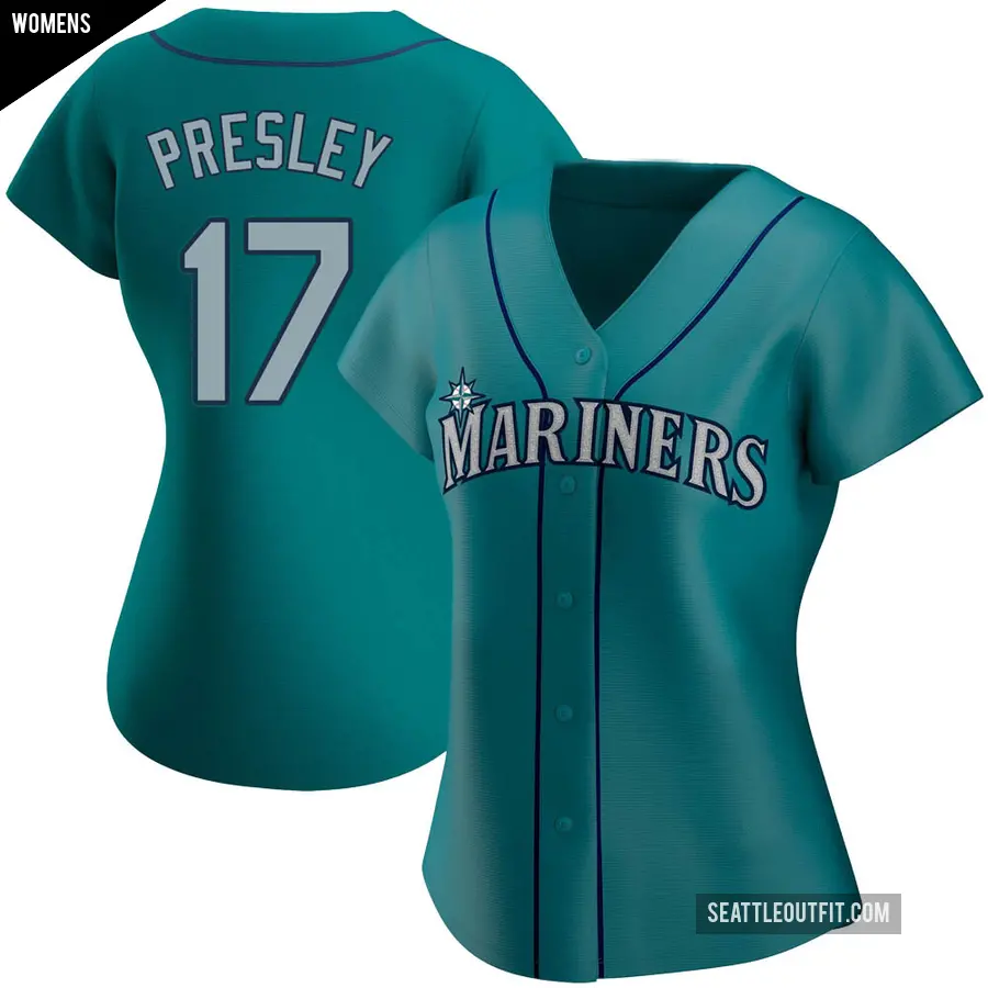 Women's Seattle Mariners ＃17 Jim Presley Replica Aqua Alternate Jersey