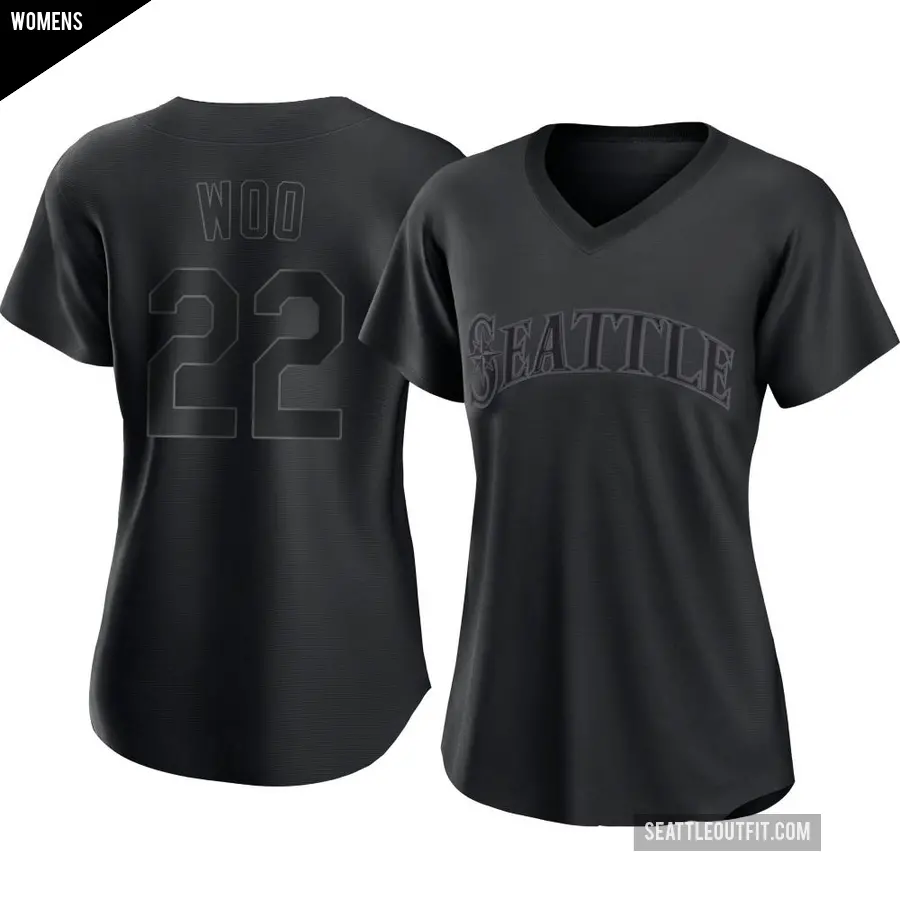 Women's Seattle Mariners ＃22 Bryan Woo Replica Black Pitch Fashion Jersey