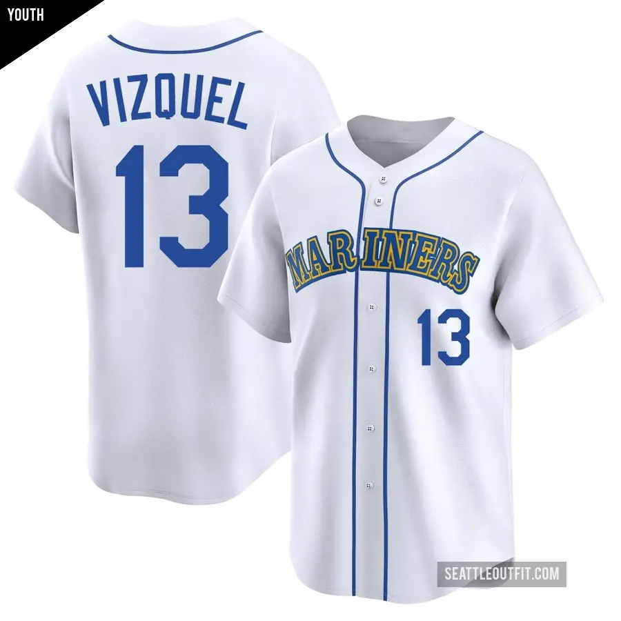 Youth Seattle Mariners ＃13 Omar Vizquel Limited White Throwback Cooperstown Collection Jersey