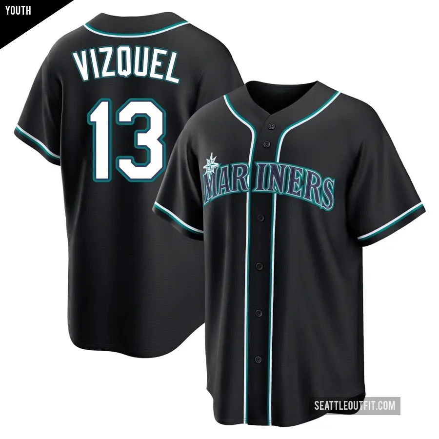 Youth Seattle Mariners ＃13 Omar Vizquel Replica Black Fashion Out Jersey