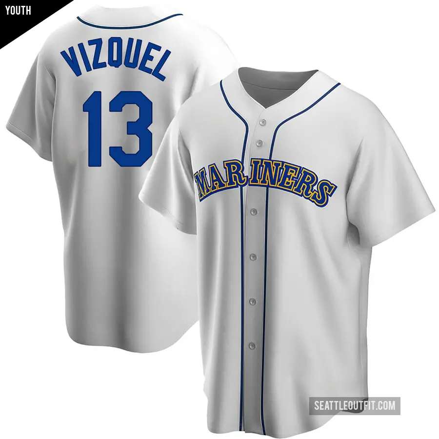 Youth Seattle Mariners ＃13 Omar Vizquel Replica White Home Cooperstown Collection Jersey