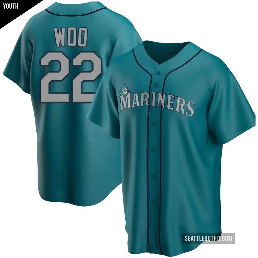 Youth Seattle Mariners ＃22 Bryan Woo Replica Aqua Alternate Jersey