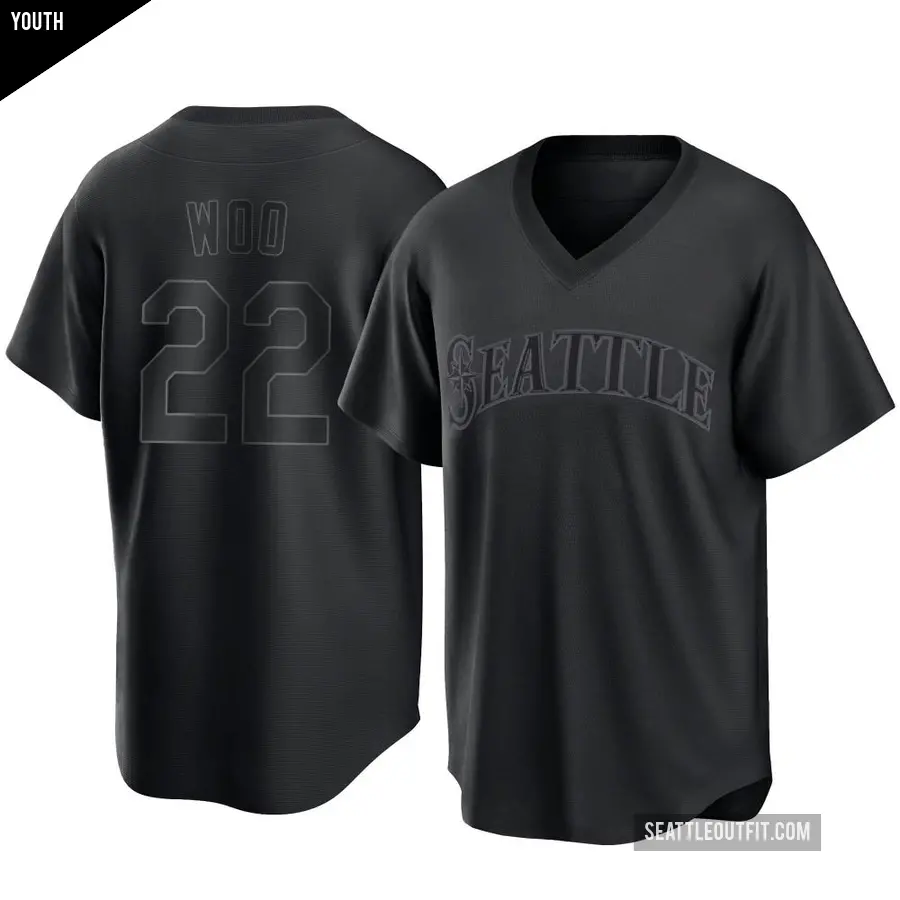 Youth Seattle Mariners ＃22 Bryan Woo Replica Black Pitch Fashion Jersey