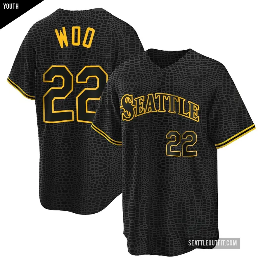 Youth Seattle Mariners ＃22 Bryan Woo Replica Black Snake Skin City Jersey