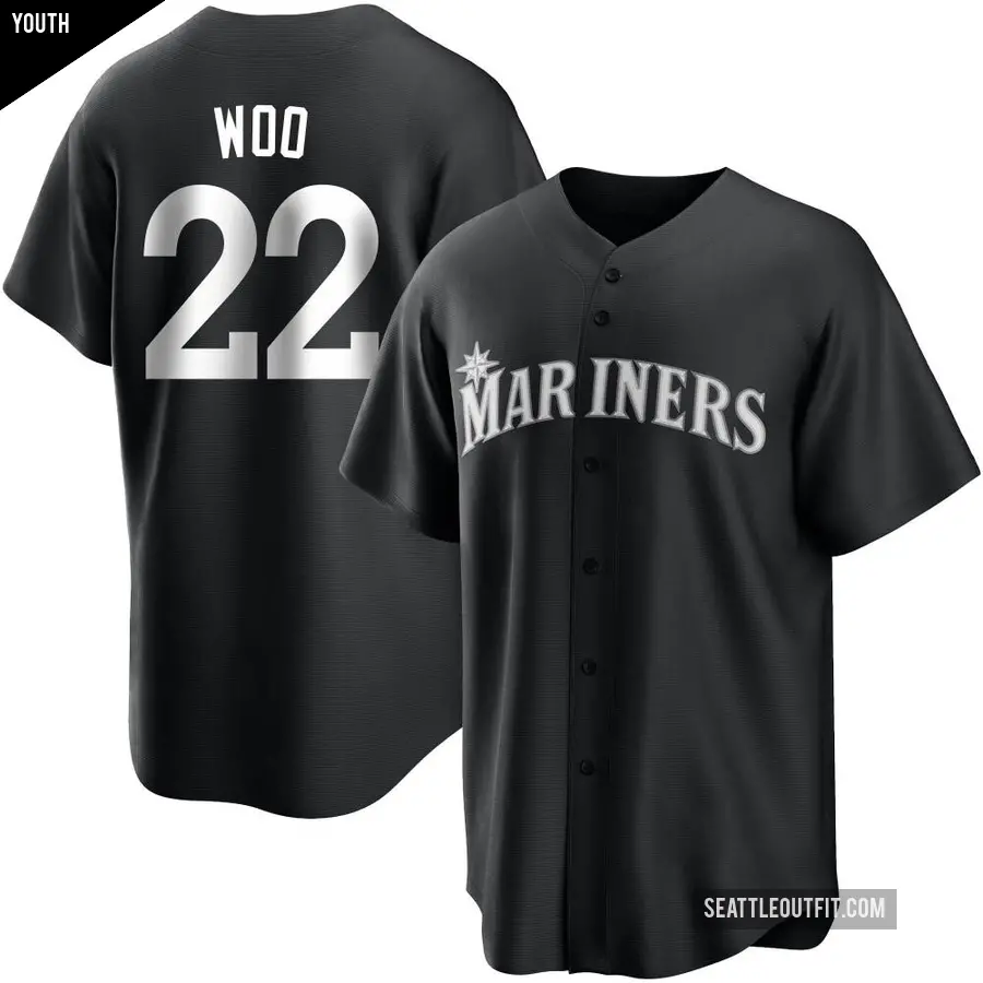 Youth Seattle Mariners ＃22 Bryan Woo Replica Black/White Jersey