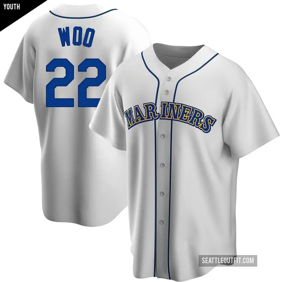 Youth Seattle Mariners ＃22 Bryan Woo Replica White Home Cooperstown Collection Jersey