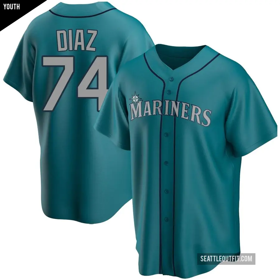 Youth Seattle Mariners ＃74 Jhonathan Diaz Replica Aqua Alternate Jersey